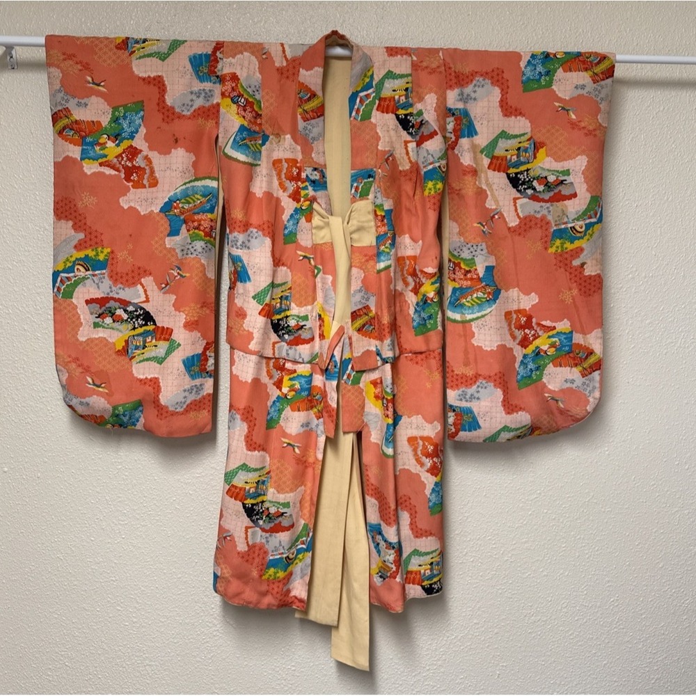 Vintage Girls Kimono Floral Print Made In Japan Hand stitched Costume Flaws